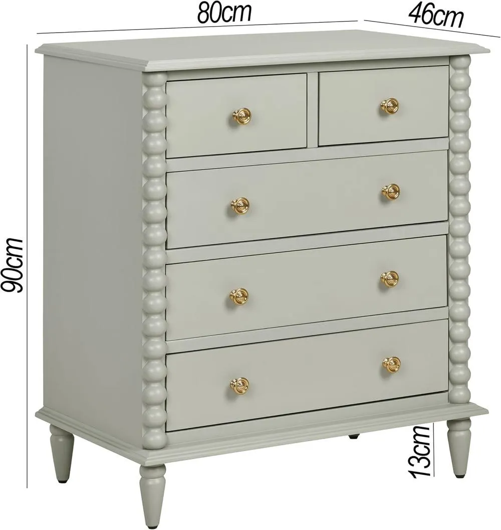 Statement Furniture Cromwell 2 over 3 Chest of Drawers with Bobbin Design in Light Green 2