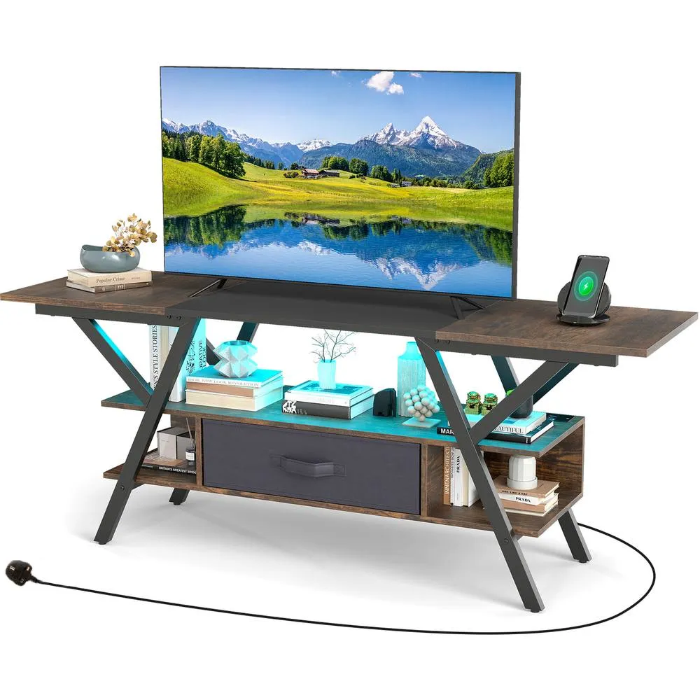 Costway TV Stand for 65" TVs 3-Tier Entertainment LED-Coffee in Brown 4