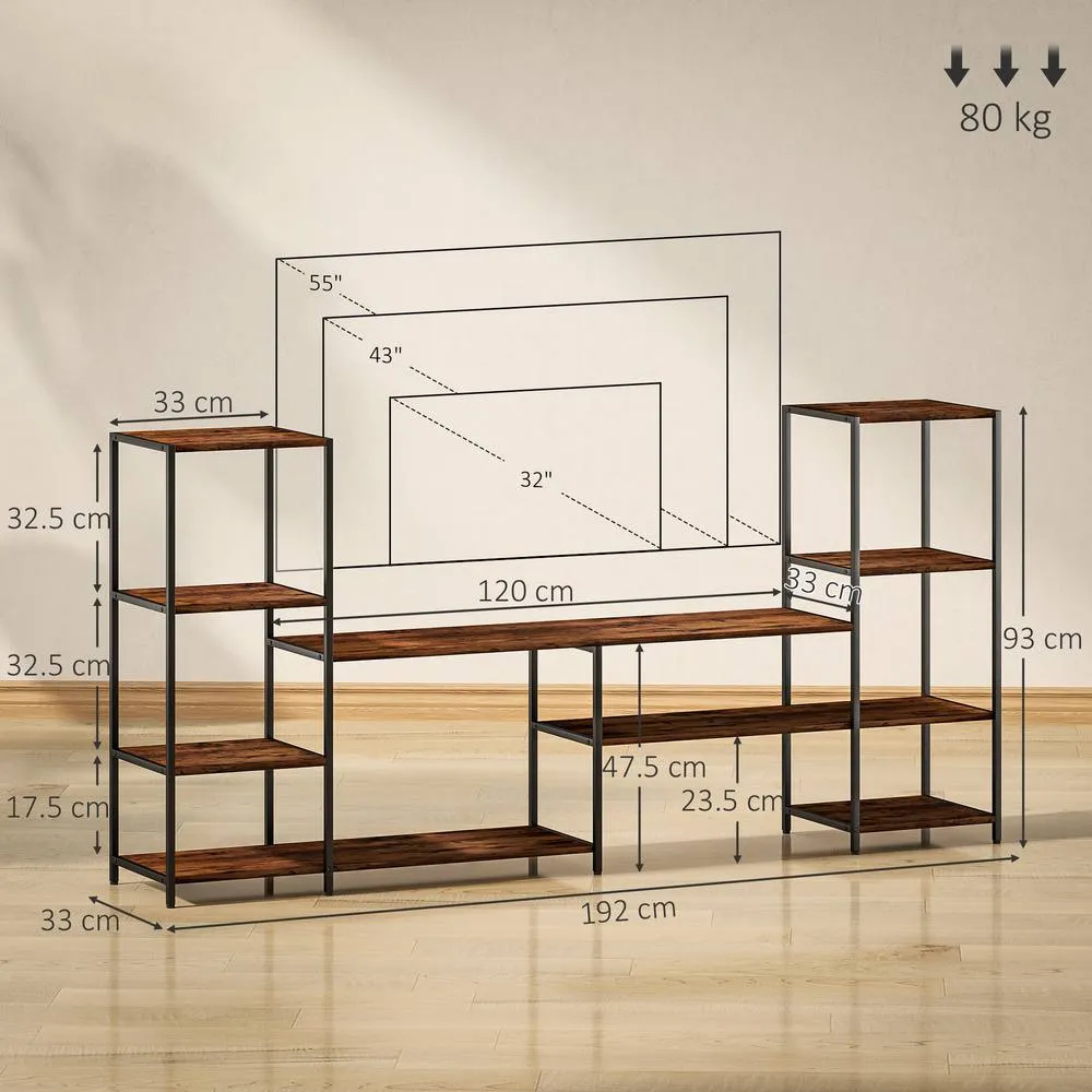 HOMCOM TV Unit for TVs up to 55 Inches, Industrial TV Stand with Shelves in Brown 3
