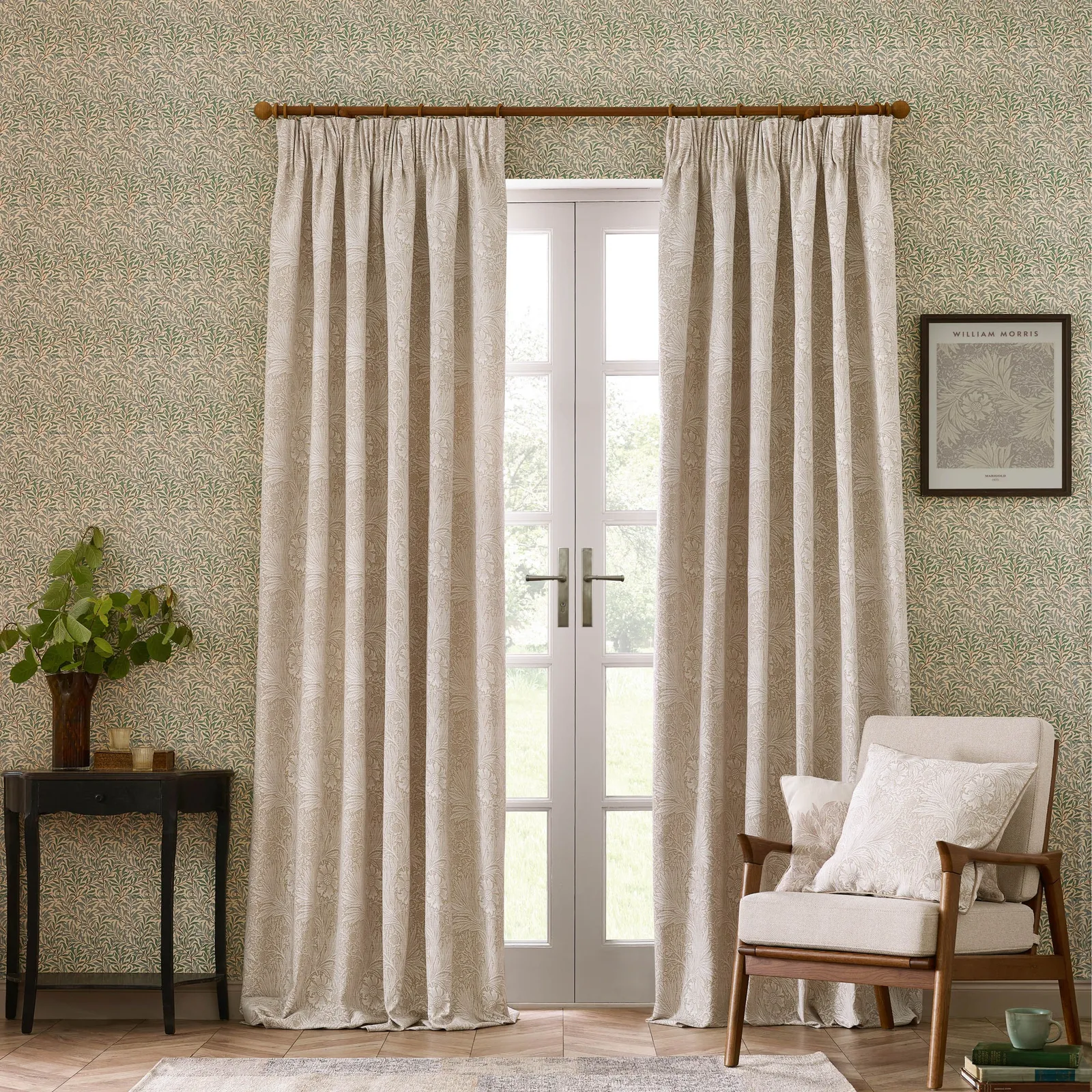 Morris & Co Marigold Jacquard Floral Room Darkening Pencil Pleat Curtains in Stone 2