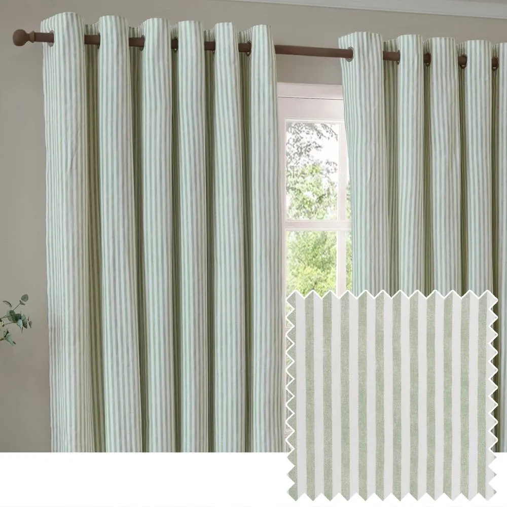 Yard Hebden Striped 100% Cotton Lined Eyelet Curtain Pair in Pale Green 1