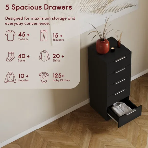 Return - Hayes 5 Drawer Narrow Chest, Black 4