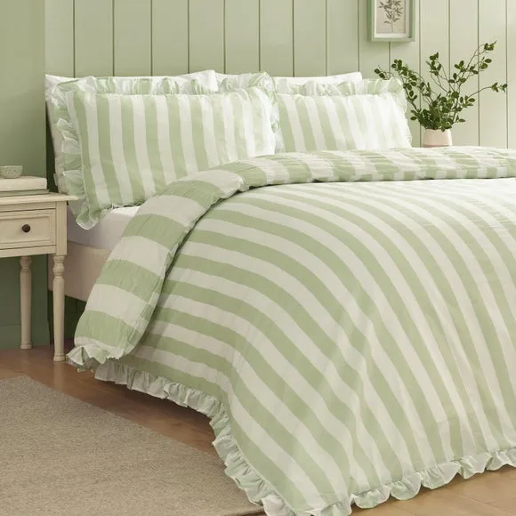 Catherine Lansfield Seersucker Frill Stripe Polycotton Duvet Cover & Pillowcase Set 3