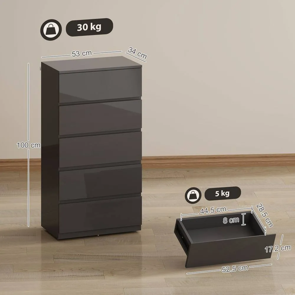 HOMCOM Bedroom Chest of Drawers, 5 Drawers Dresser, Drawer Unit, Grey 3