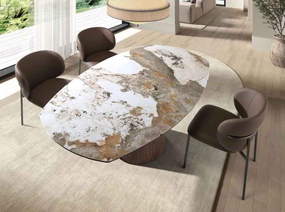 Angel Cerda Oval Extendable Dining Table with Porcelain-Marble Top & Walnut Legs in White 5