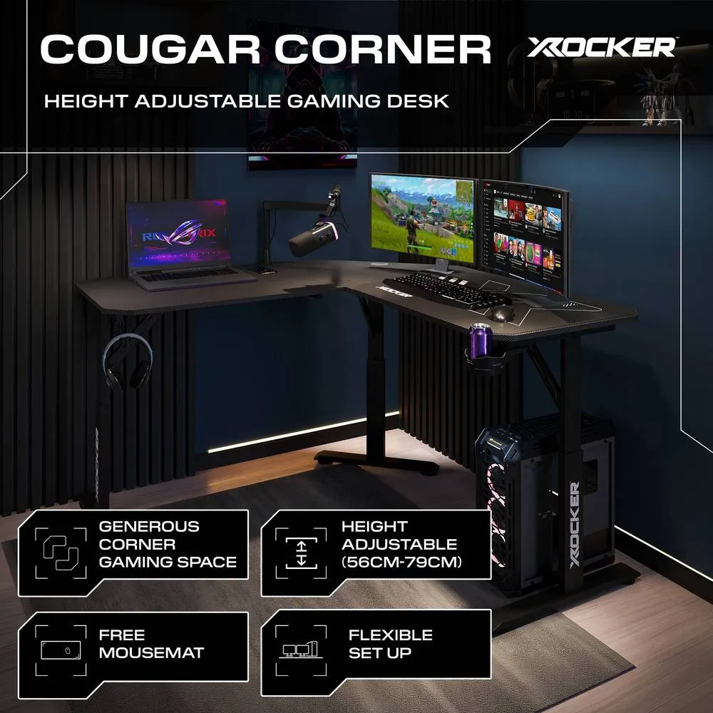 X Rocker Cougar 140cm Height Adjustable Corner Gaming Desk & Mousepad - Black 2