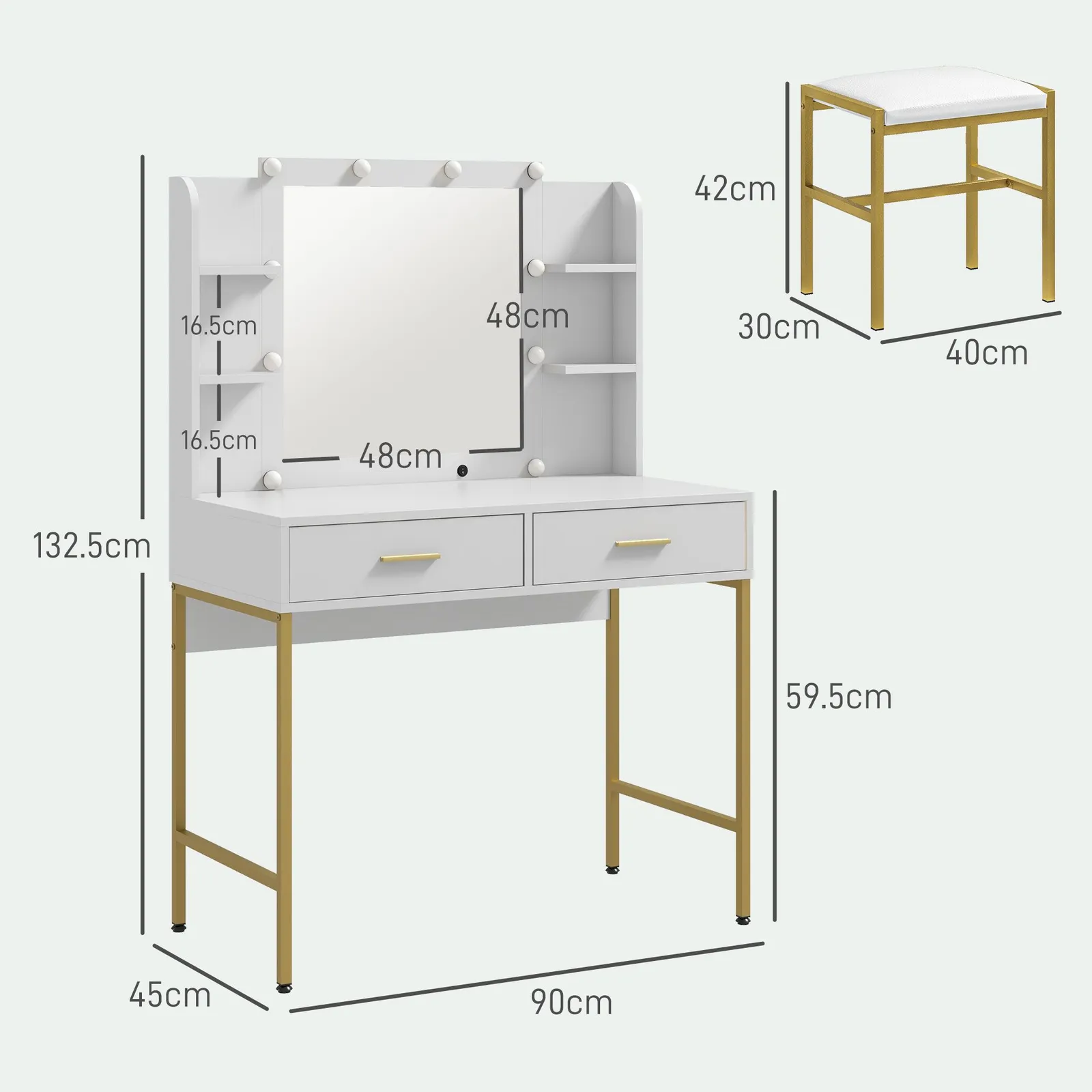 HOMCOM Makeup Vanity Desk Set with Lighted Mirror, Stool, Drawers, White 3