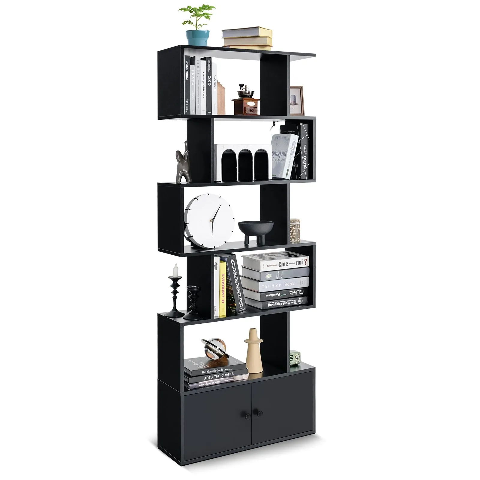 Costway 5-tier S-Shaped Bookcase Industrial Display Rack with Cabinet Wooden Bookshelf in Black