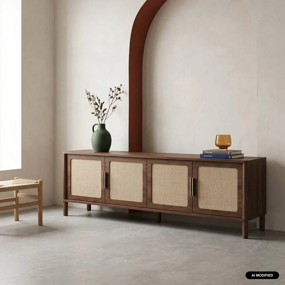 sweeek Vintage TV stand with wood decor & cane, 4 doors, 160cm in Dark Brown
