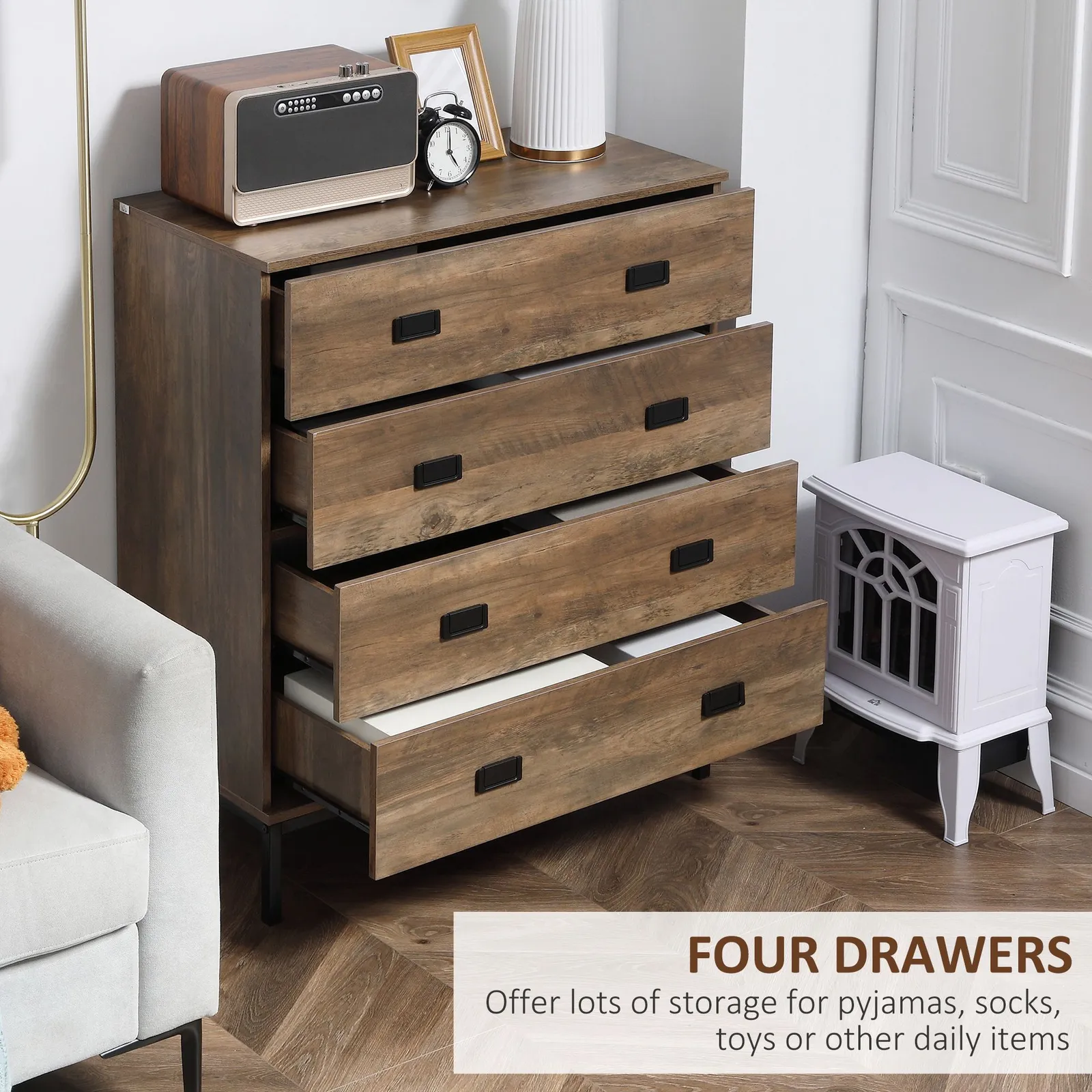 HOMCOM Chest of Drawers 4 Drawer Dresser Storage Cabinet Handles Bedroom in Brown 6