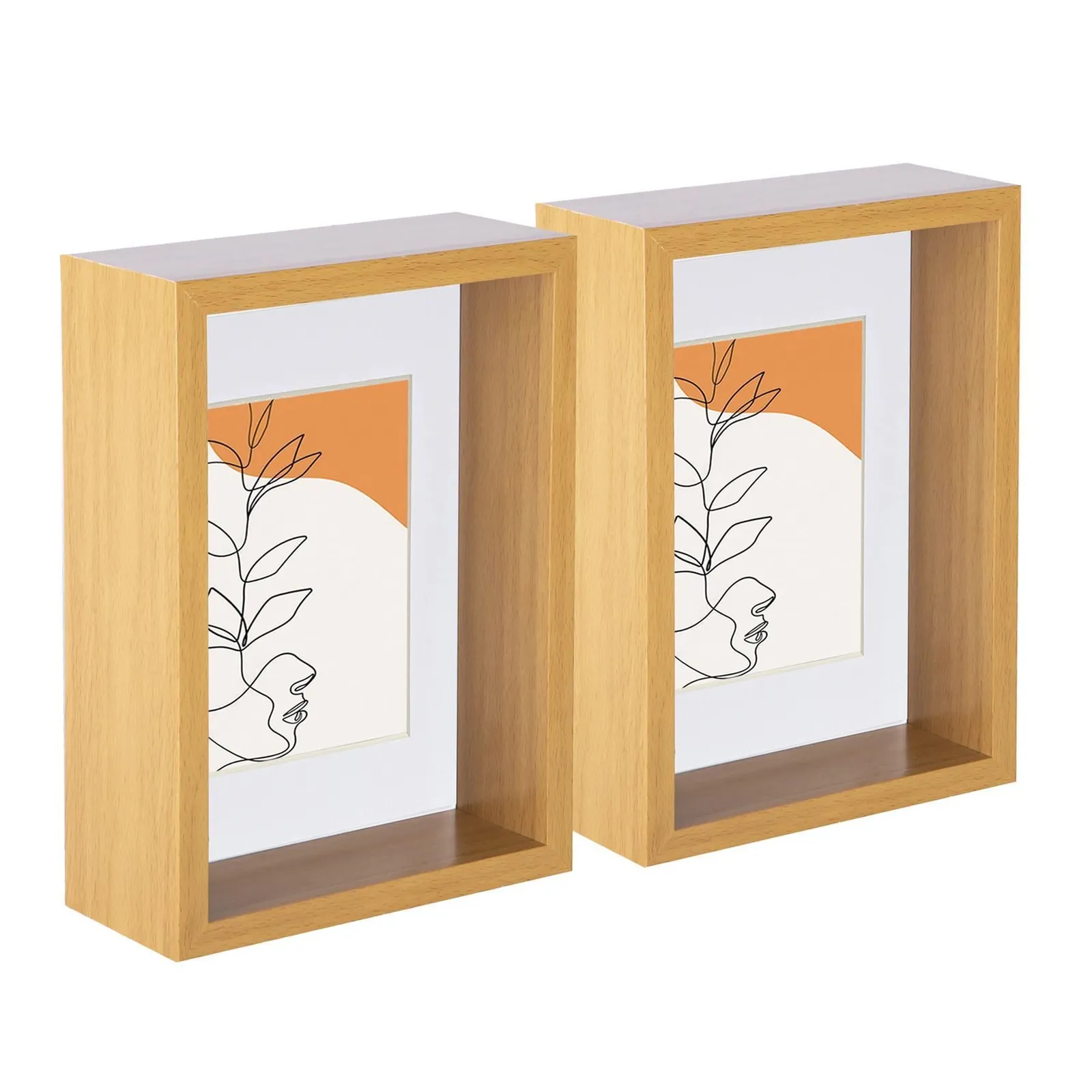 Nicola Spring 3D Deep Box Photo Frames - 5 x 7" with 4 x 6" Mount - Light Wood - Pack of 2 in White