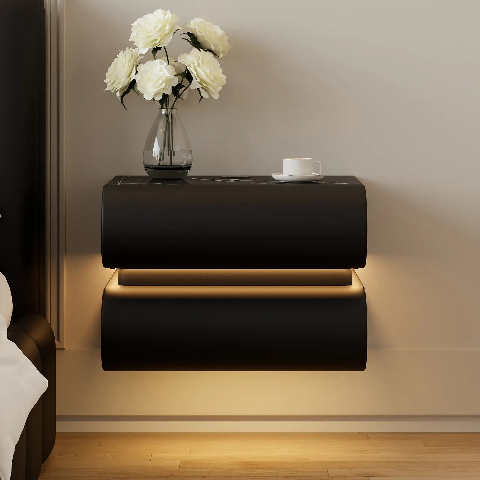 Humply Floating Leather 2-Drawer Smart LED Nightstand with Sintered Stone Top