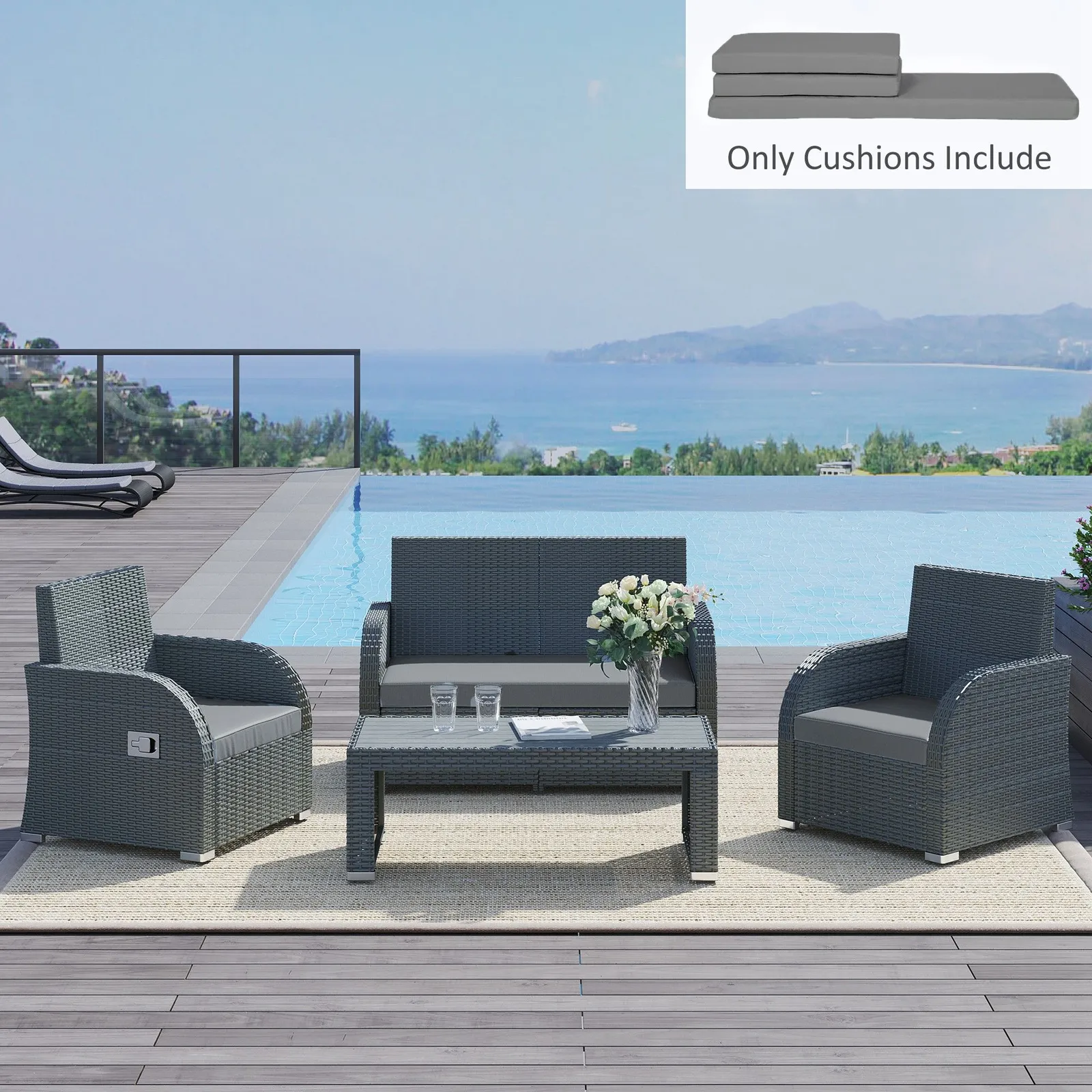 OUTSUNNY 3PCs Rattan Garden Seat Cushions Pads for Patio Furniture in Dark Grey