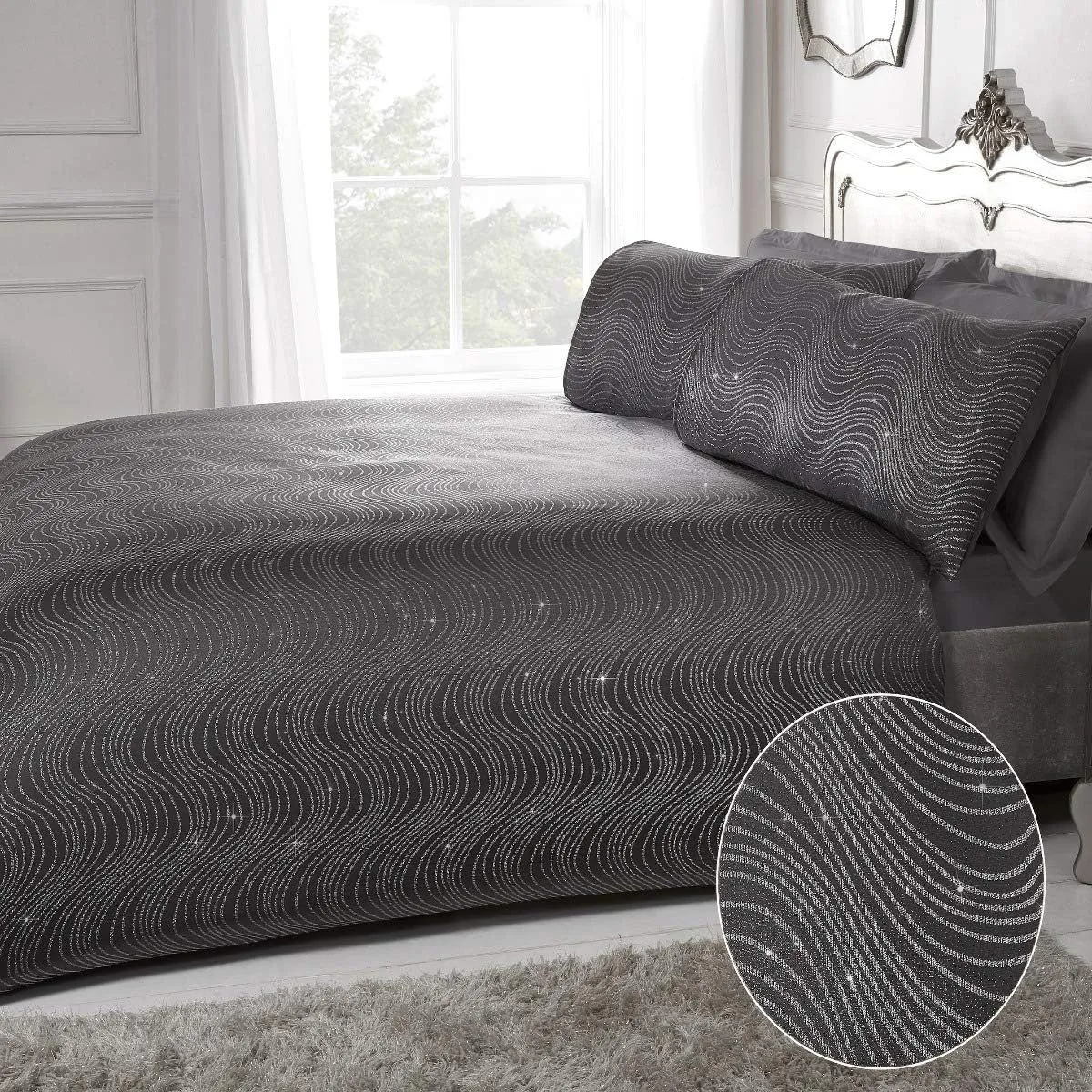 Smart Living Luxury Hotel Quality Lurex Jacquard Swirl Duvet Cover with Pillowcases in Charcoal