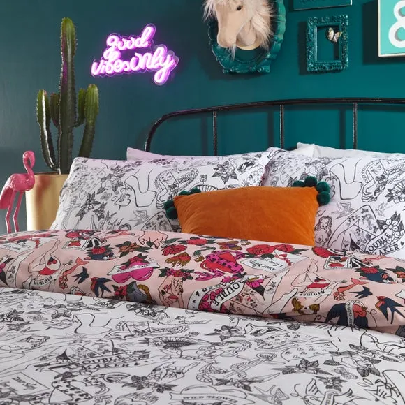 Furn. Inked Tattoo Inspired Single Duvet Cover Set, Pink 3