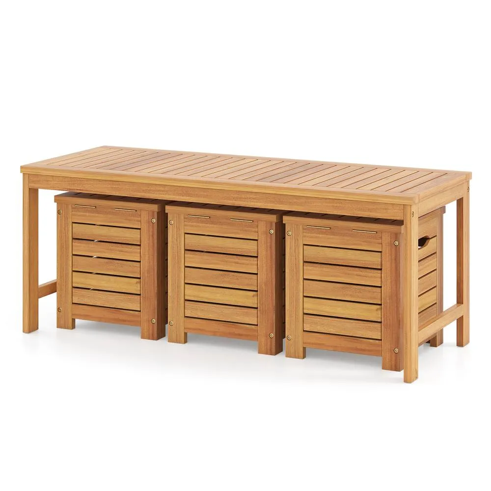 Costway 4PCS Outdoor Bench &Storage Box Set Acacia Wood Patio Bench&Deck Boxes in Natural 5