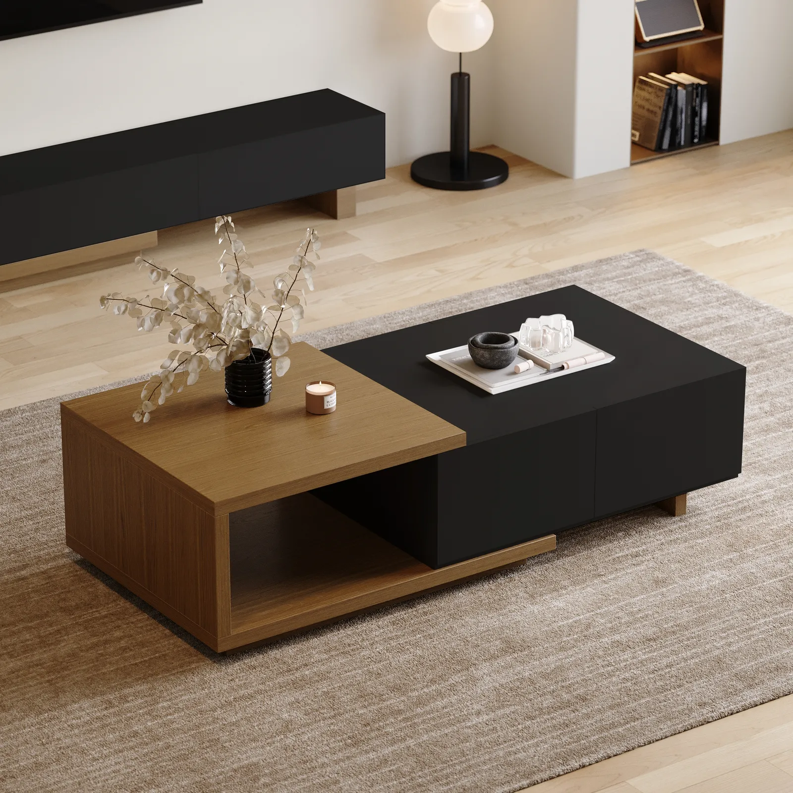 Quoint 175 cm Modern Black & Walnut Coffee Table Retracted & Extendable with 2-Drawer