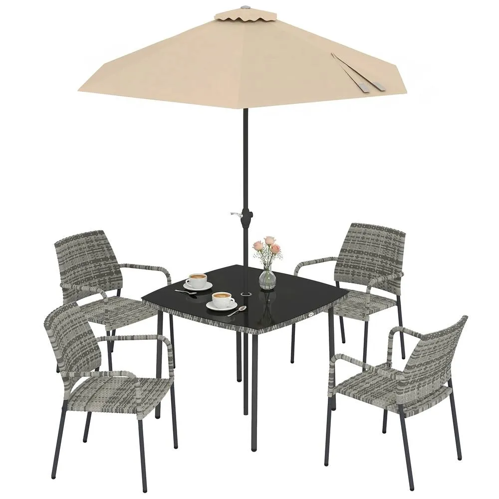 OUTSUNNY 4 Seater Rattan Dining Set with Parasol, Light Grey 2