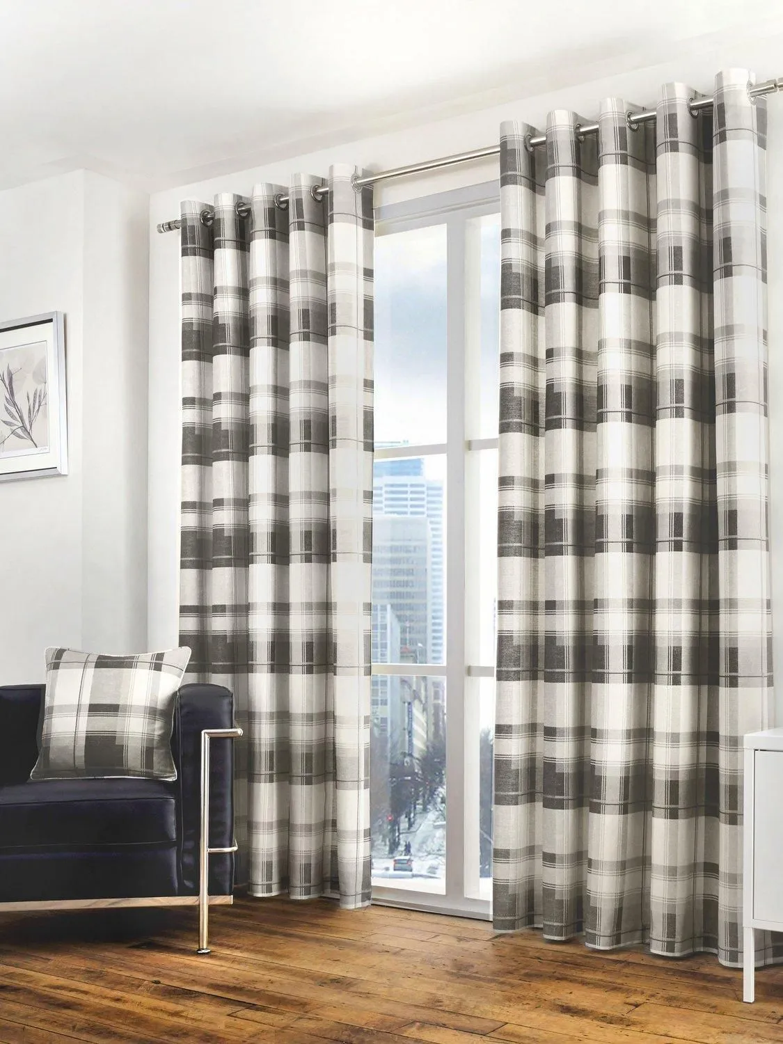 Fusion 'Balmoral Check' Country Checked Pattern Pair of Eyelet Curtains in Dark Grey 1