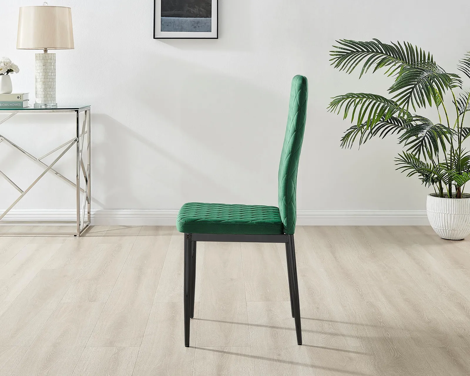 FurnitureboxUK Set of 4 Milan High Back Soft Touch Diamond Pattern Velvet Dining Chairs With Black Powder Coated Metal Legs in Green 5