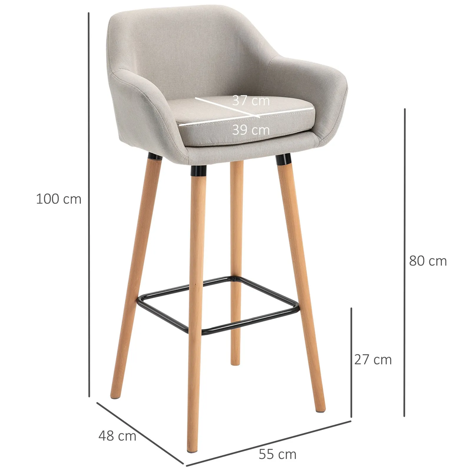 HOMCOM PCs Modern Upholstered Fabric Bucket Seat Bar Stools w/ Solid Wood Legs in Beige 3