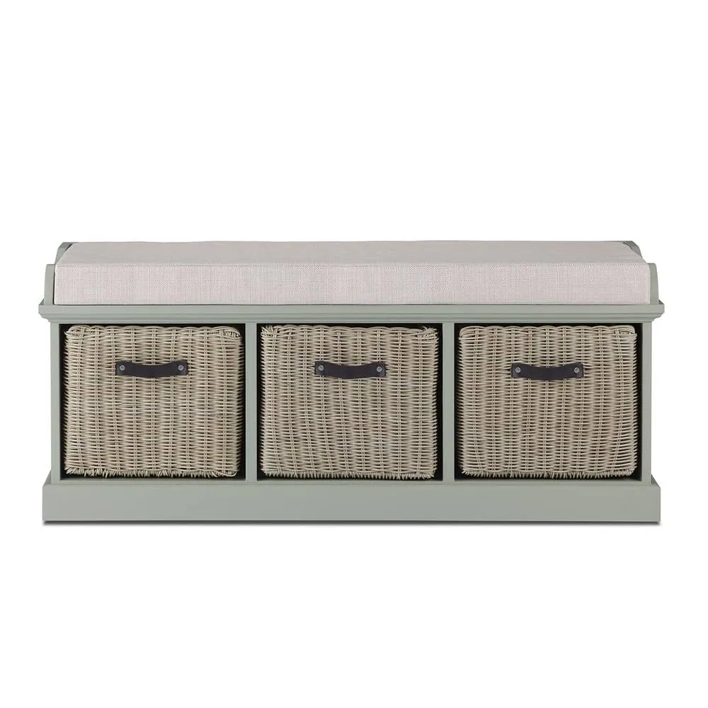Statement Furniture Tetbury Bench with 3 Brown Faux Rattan Baskets & Cream Cushion in Light Green 2