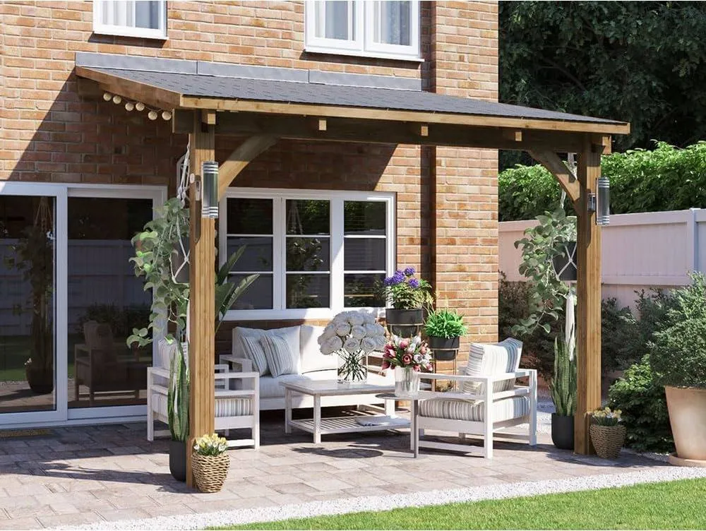 Dunster House Lean To Wooden Gazebo Canopy with Shingles 3m x 3m - Leviathan in Brown