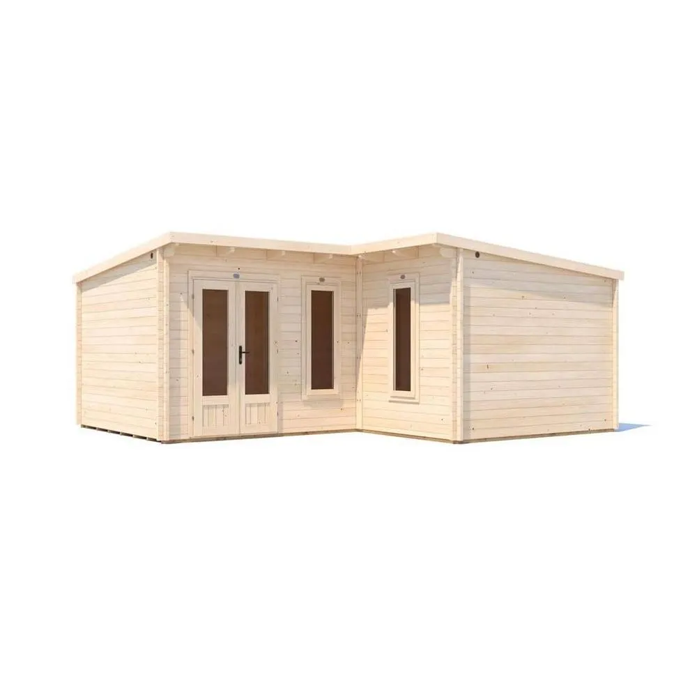 Dunster House L-Shaped Log Cabin W6m x D5m / 19' x 16'6" Pent, 24mm, DG - HellWolf in Brown