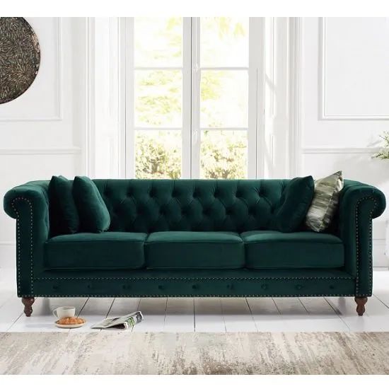 Mentor Modern Fabric 3 Seater Sofa In Green Plush