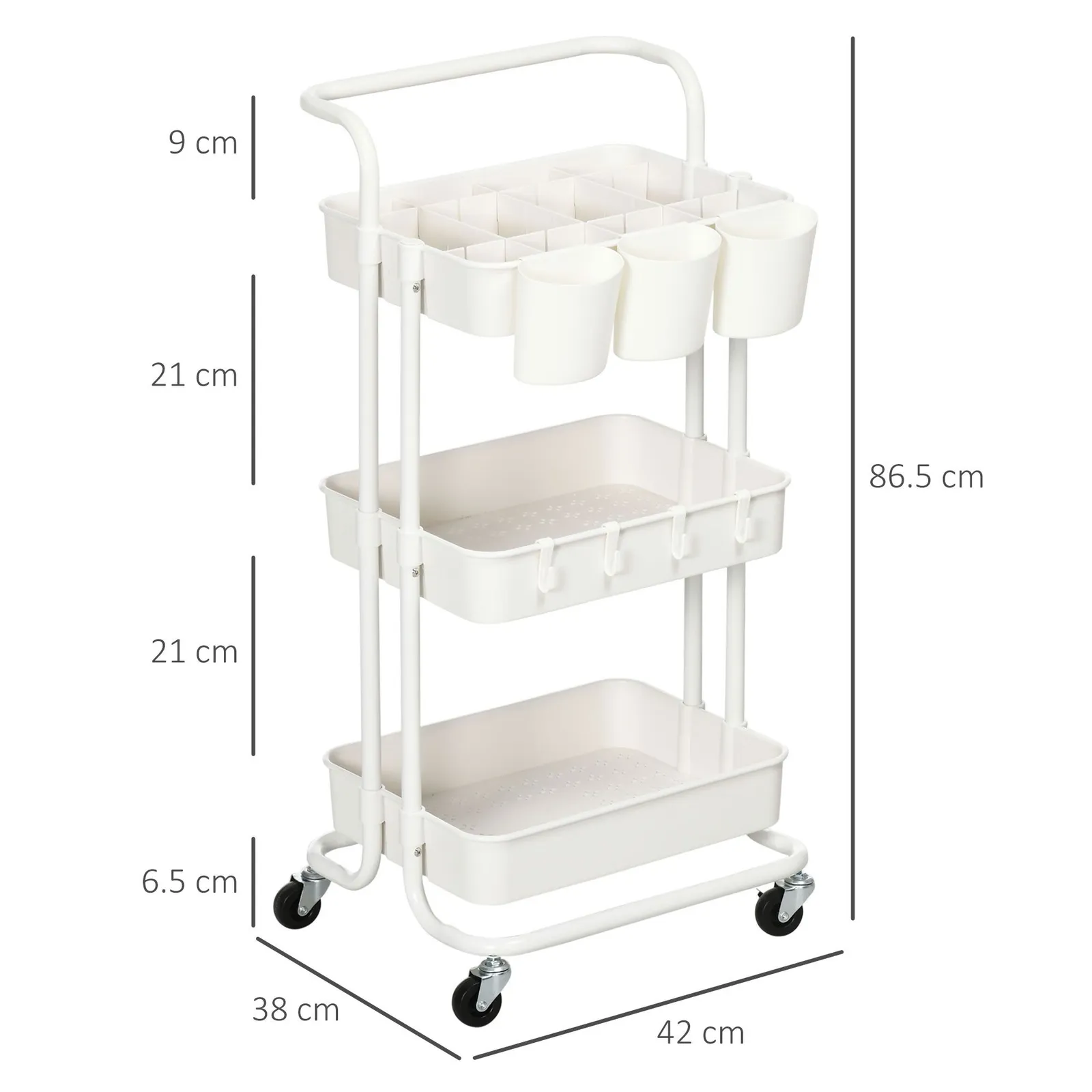 HOMCOM 3-Tier Utility Cart, Rolling Serving Trolley with Baskets, White 3
