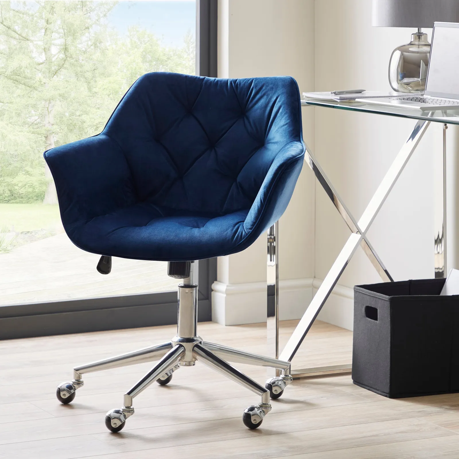Macy Midnight Velvet Buttoned Back Office Chair Blue