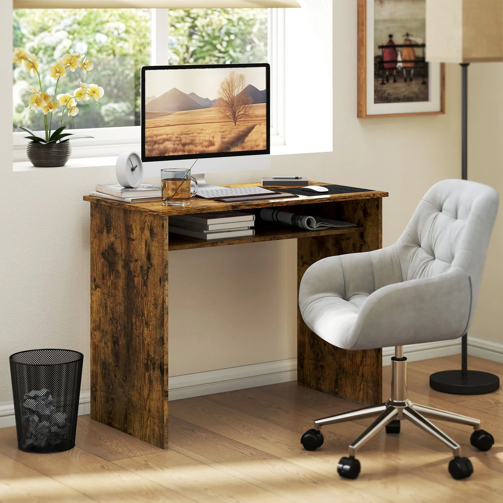 HOMCOM Computer Desk Writing Table Study Workstation Storage in Brown