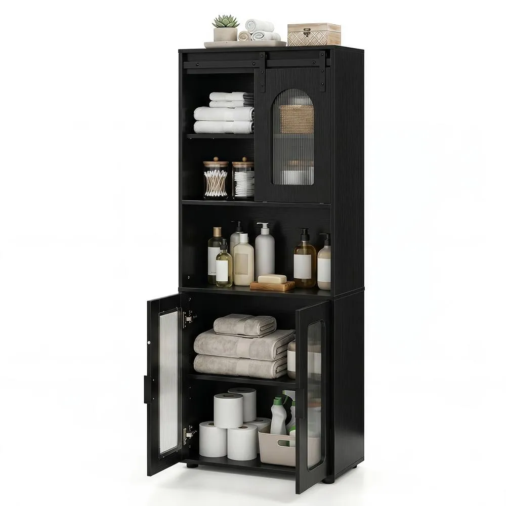 Costway Farmhouse Bathroom Floor Cabinet Sliding Barn Door Shelves in Black