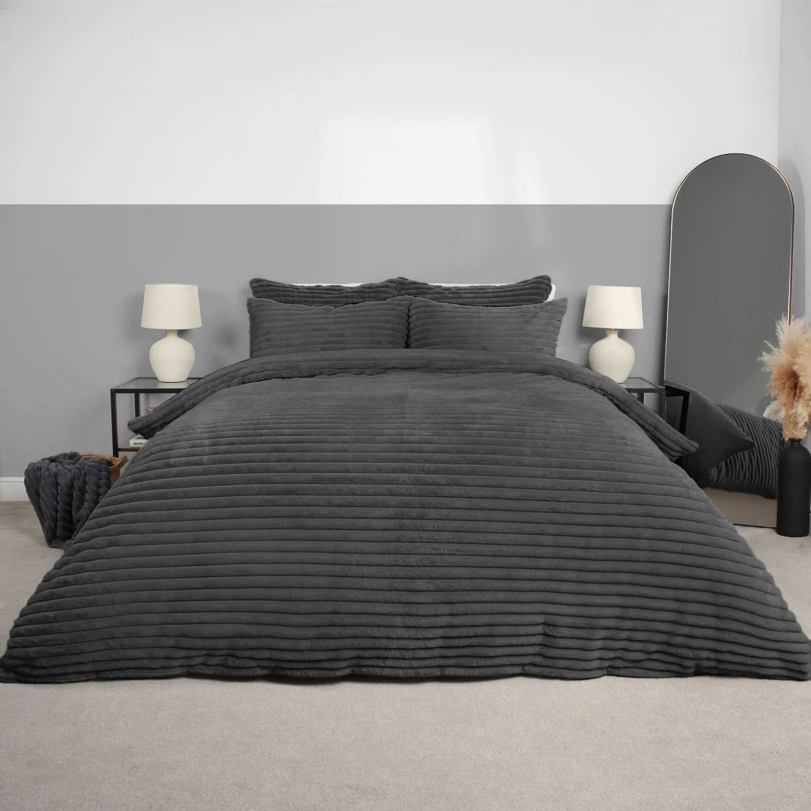 OHS Ribbed Duvet Cover Faux Fur Winter Warm Bedding Set in Charcoal