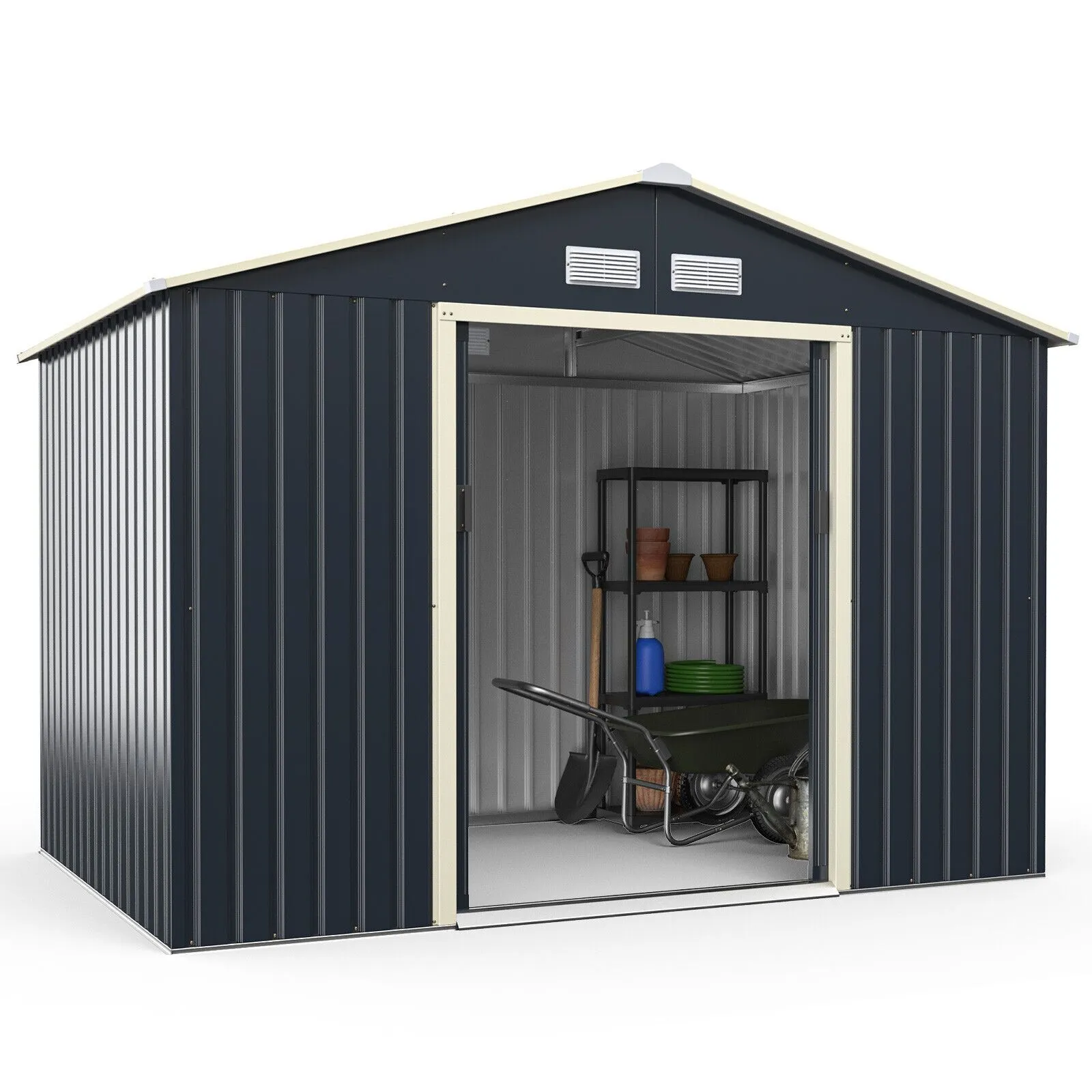 Costway 9.2FT x 6.5FT Outdoor Storage Shed Large Organizer House Double Sliding Door in Grey