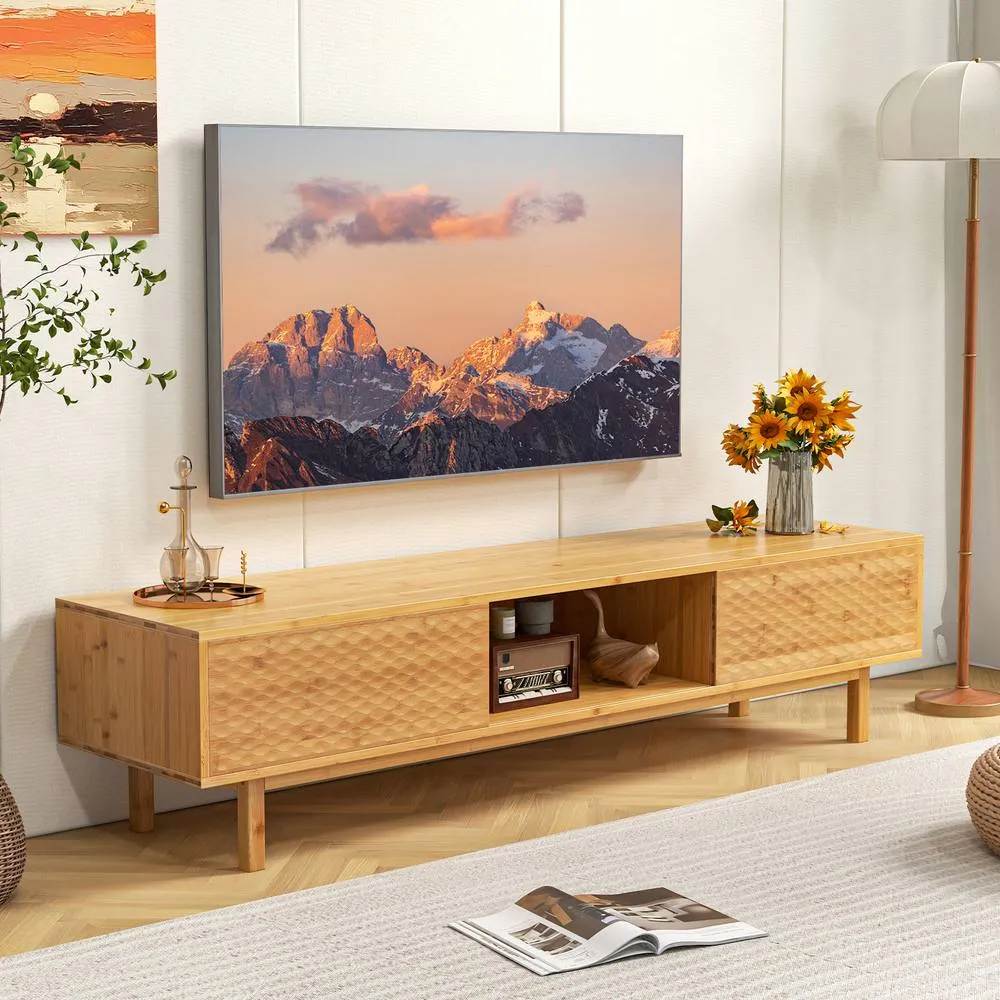 Costway Bamboo TV Stand for TVs up to 70" Home Mid Century Storage Cabinet in Natural