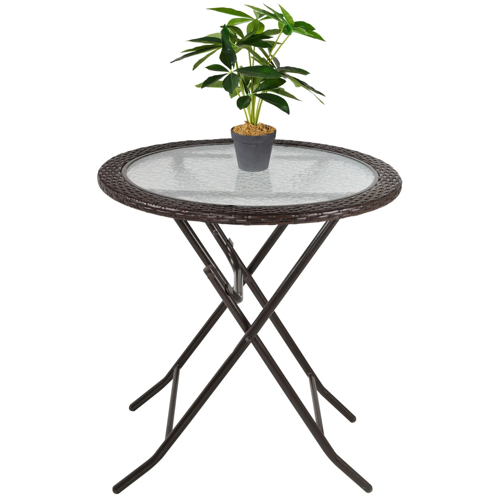 OUTSUNNY Folding Round Tempered Glass Metal Table with Brown Rattan Edging 2