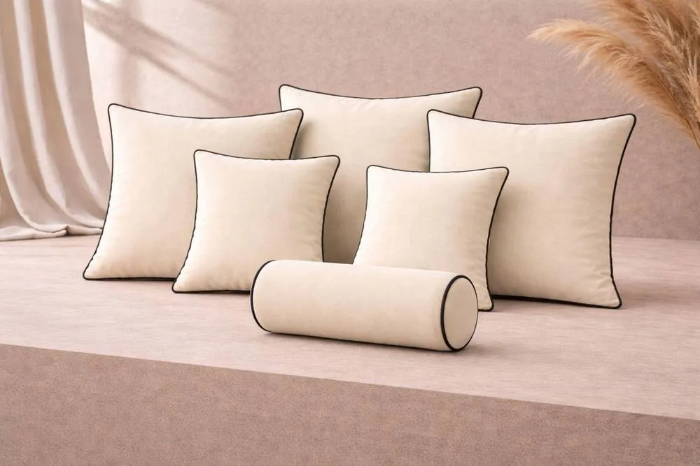 HOB Furniture Lux Velvet Cushion Sets with Black Piping in Cream