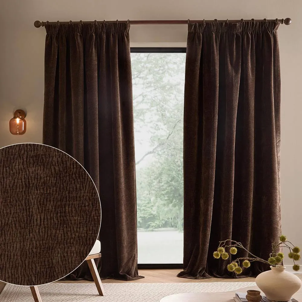 Yard Heath Washed Velvet Fully Lined Pencil Pleat Curtain Pair in Brown 1