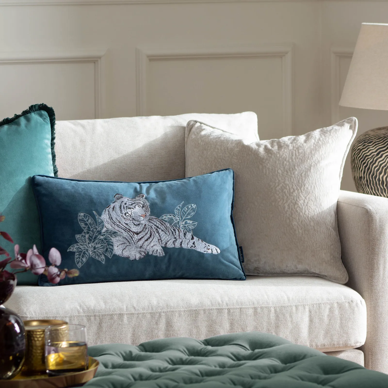 Paoletti Odisha White Tiger Embroidered Velvet Cushion in Blue 6