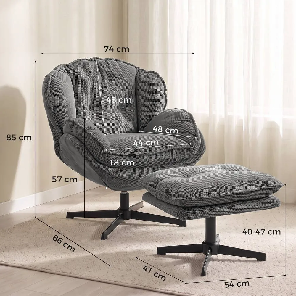 HOMCOM Armchair with Adjustable Footstool, 360° Swivel Accent Chair in Grey 3