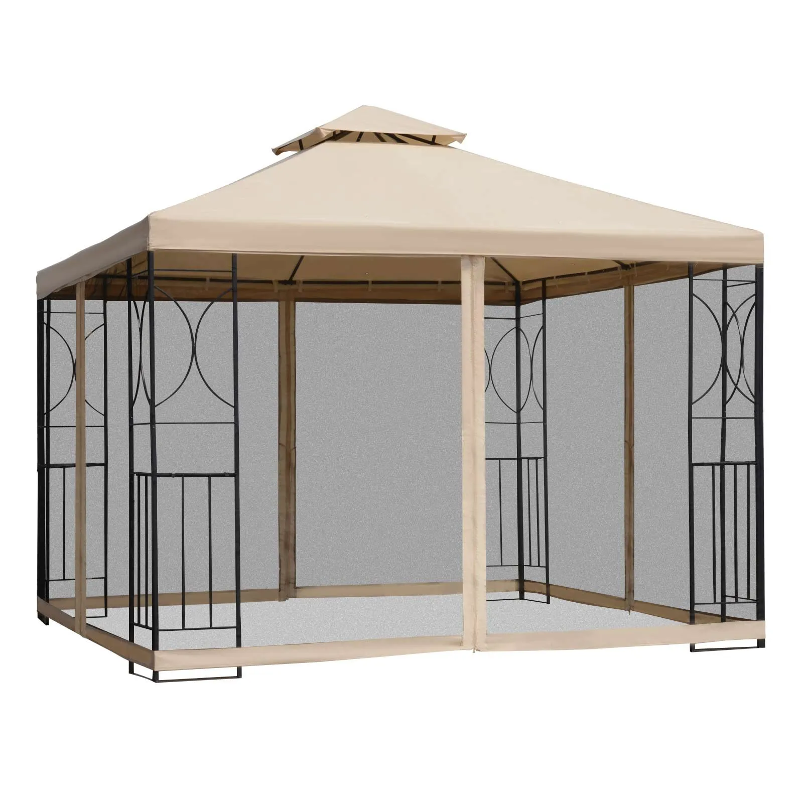 OUTSUNNY 3x3Metre Gazebo Patio Pavilion Canopy Tent with Netting & Shelf in Beige 2
