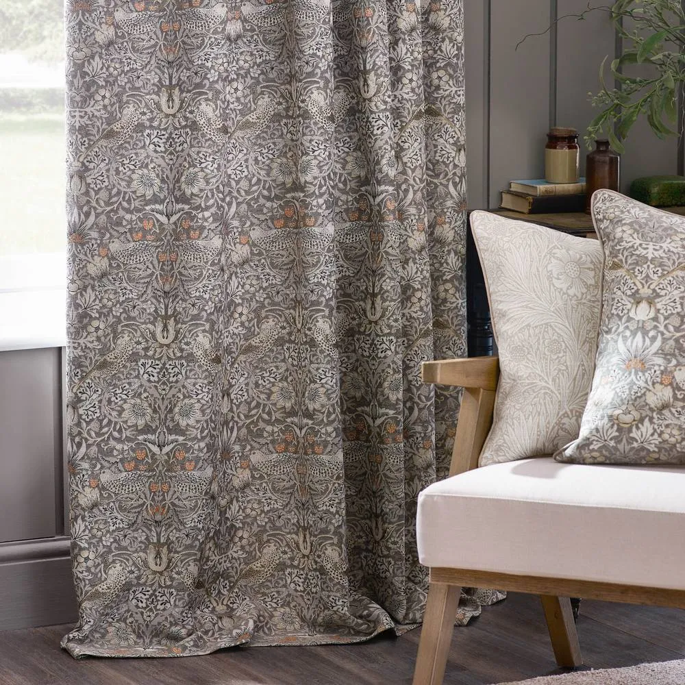 Morris & Co Strawberry Thief Jacquard Floral Room Darkening Pencil Pleat Curtain Pair in Beige 4
