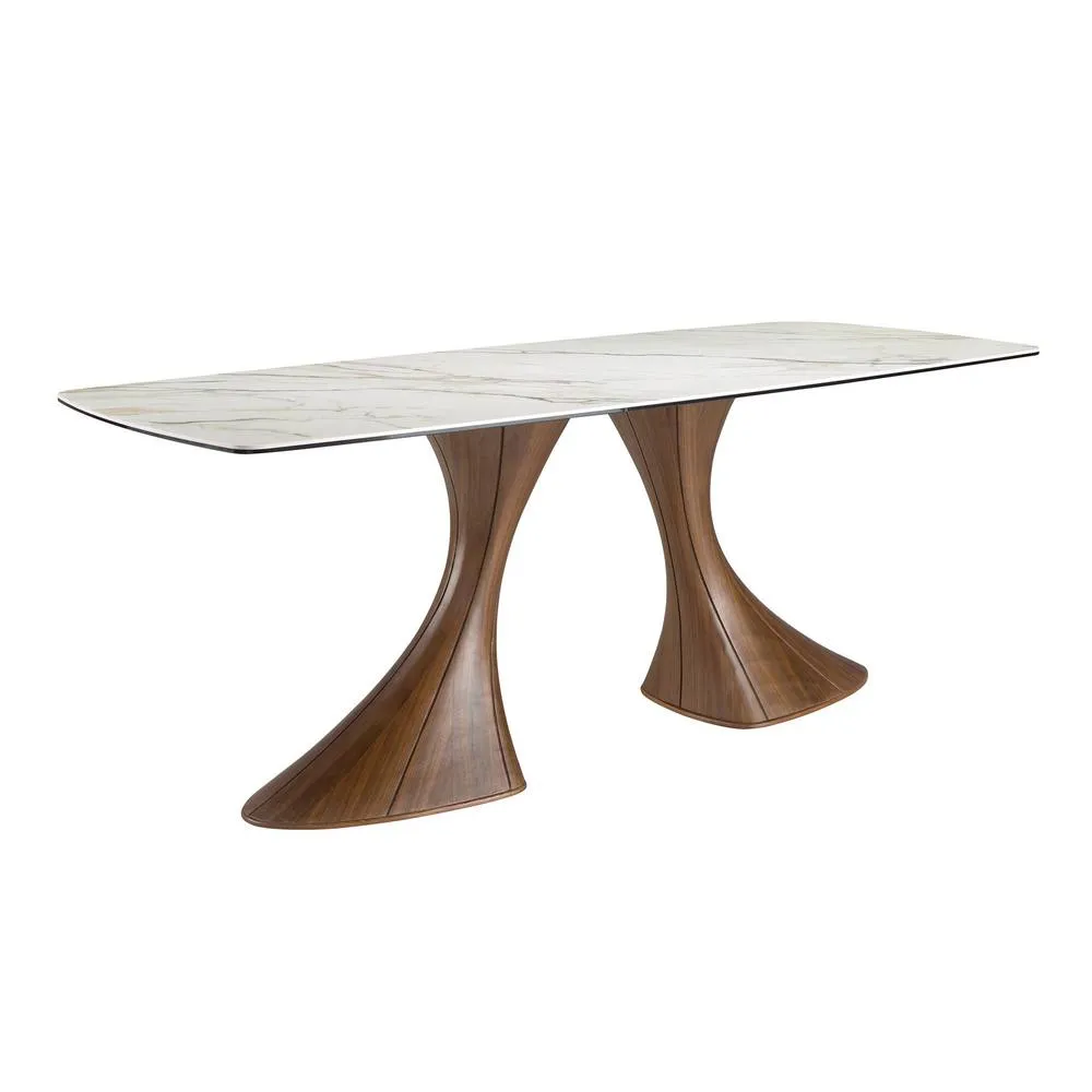 Angel Cerda Model Oval Porcelain Marble Dining Table with Walnut in White
