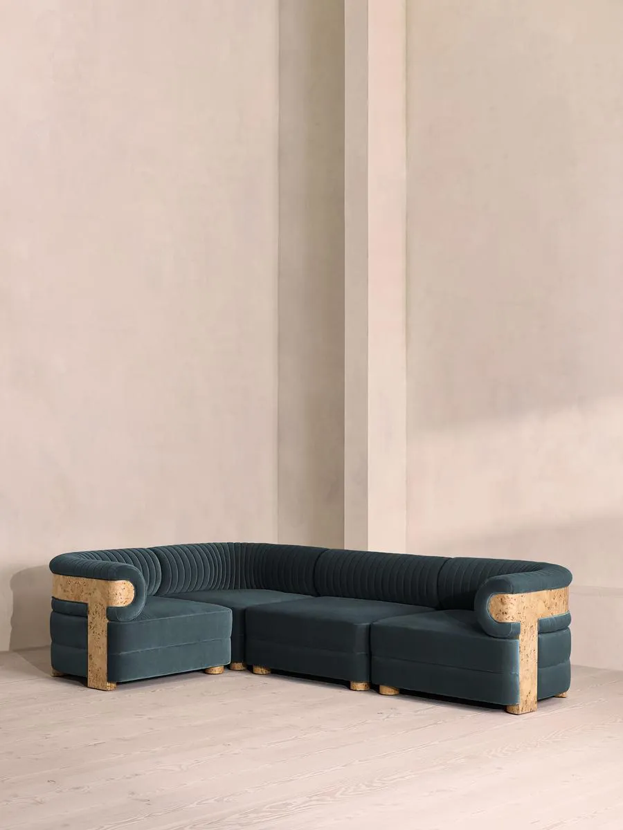 Caleb Modular L-Shape Sofa, Velvet, Grey Blue, Blonde Burl