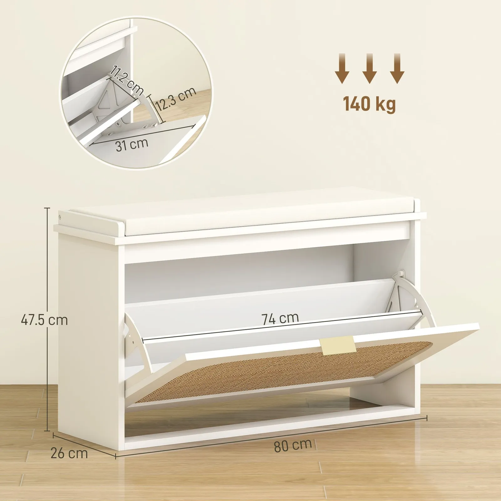 HOMCOM Boho Shoe Bench with Padded Seat & Flip-Drawer in White 3