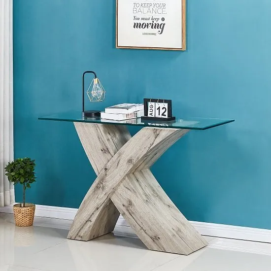 Xanti Glass X Base Console Table In Clear With Grey Oak Effect