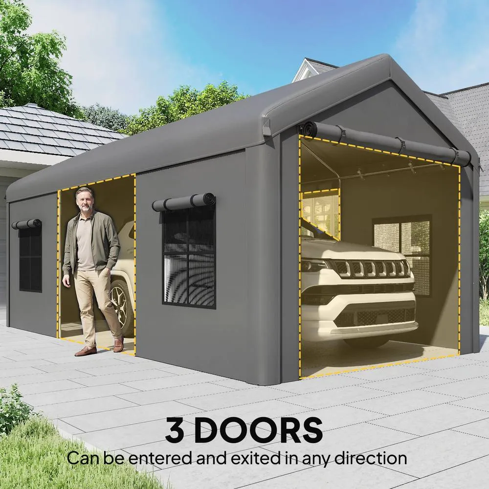 OUTSUNNY 3 x 6 m Heavy Duty Carport, Portable Garage with 3 Doors, Dark Grey 6