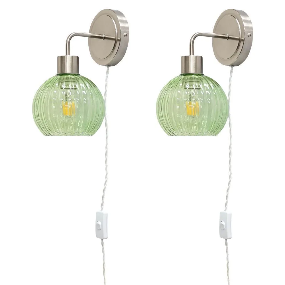First Choice Lighting Set of 2 Toby - Satin Nickel Plug in Wall Lights Green Shades in Silver