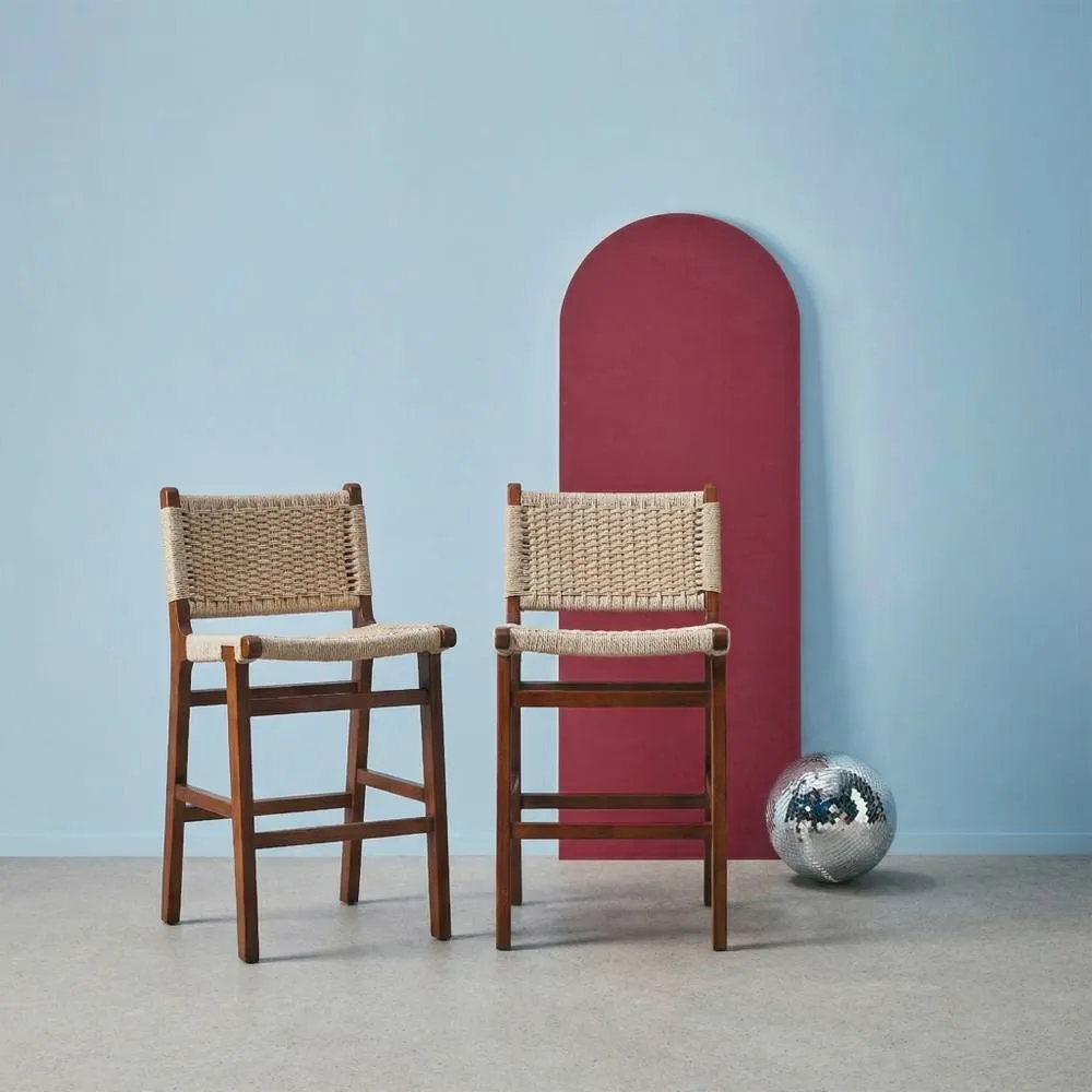 sweeek Set of 2 bar stools made of rubberwood with rope seating in Dark Brown